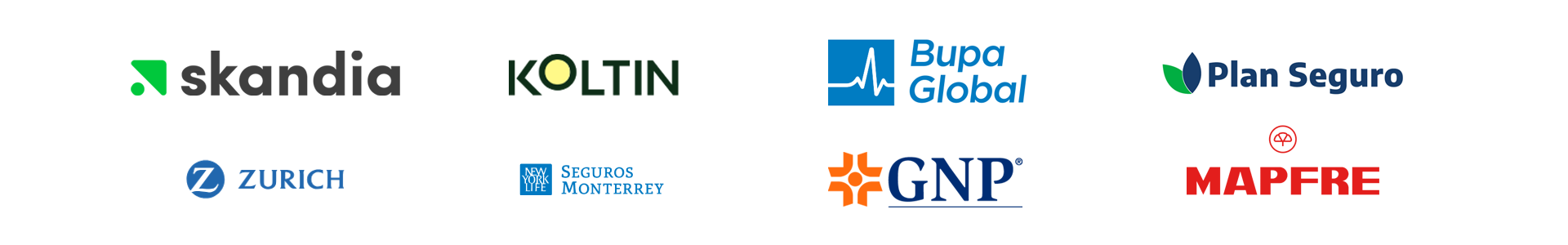 Insurance Company Logos - Skandia, Bupa Global, Plan Seguro, Zurich, GNP, Mapfre